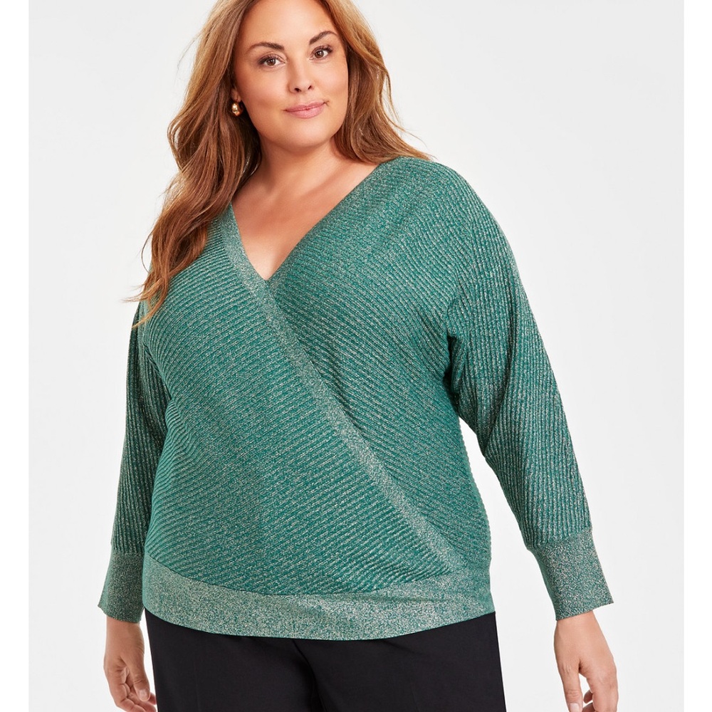 JM Collection‎ Metallic Wrap V-Neck Sweater